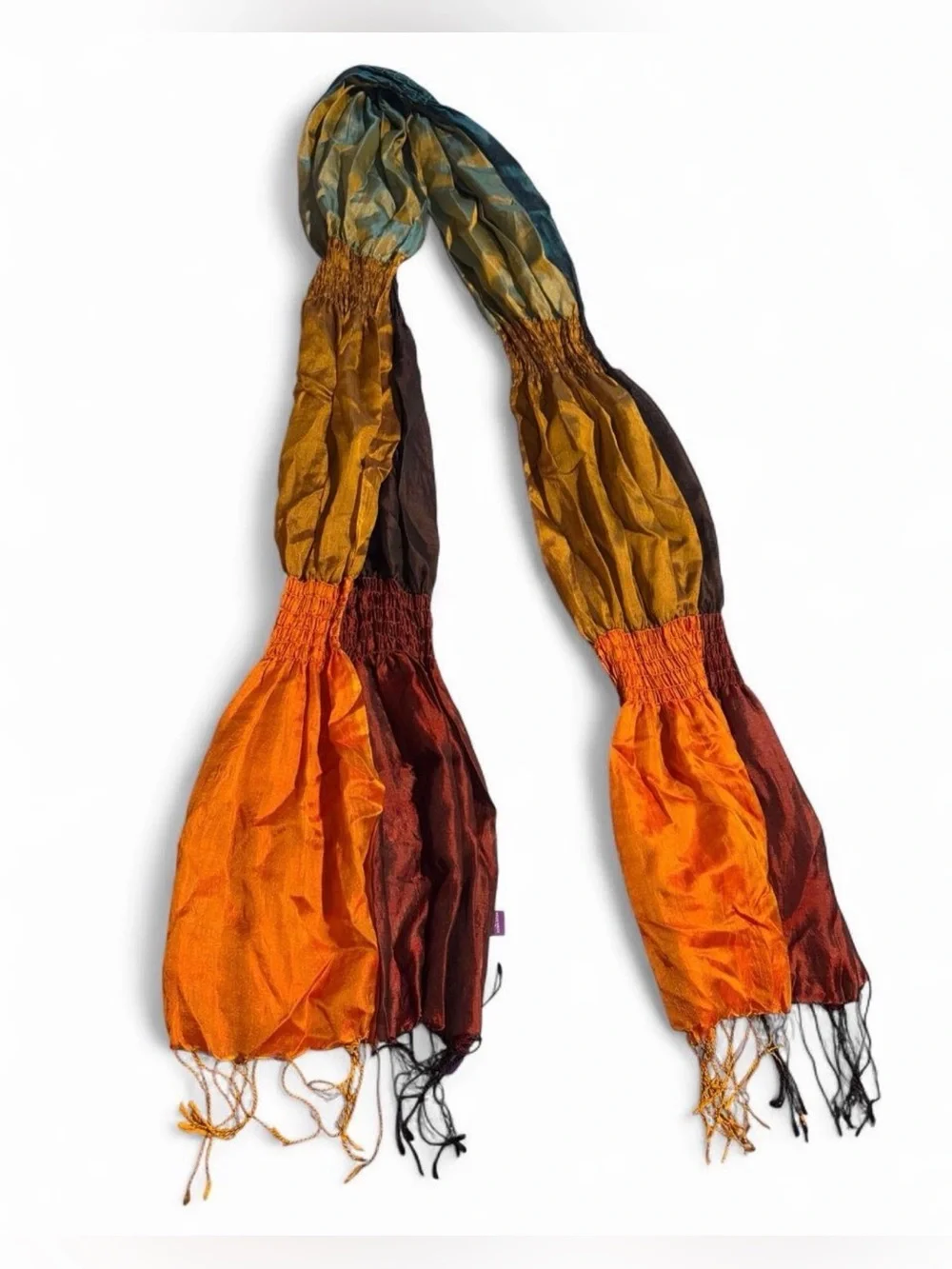 Orange, brown, and teal gradient silk scarf with fringe